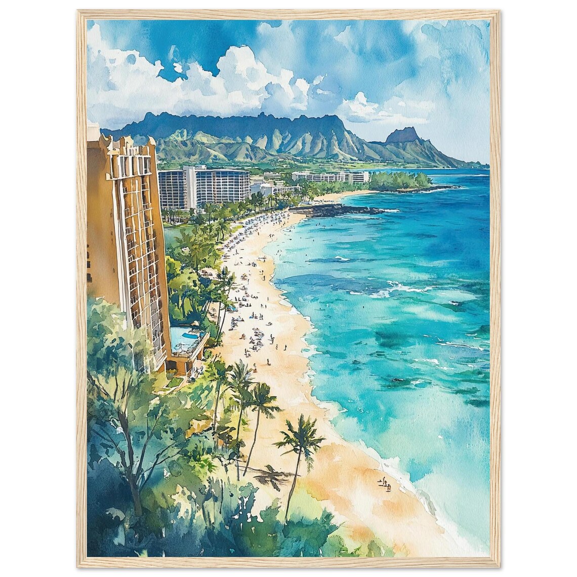 Waikiki Beach Watercolor Painting Print, Hawaii View