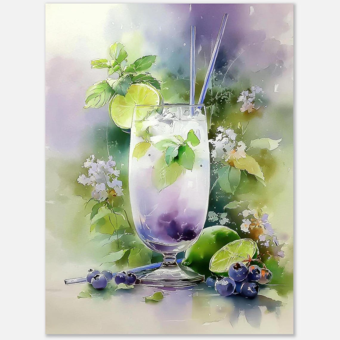 Blueberry Mojito Lime Cocktail Watercolor Kitchen Bar Poster