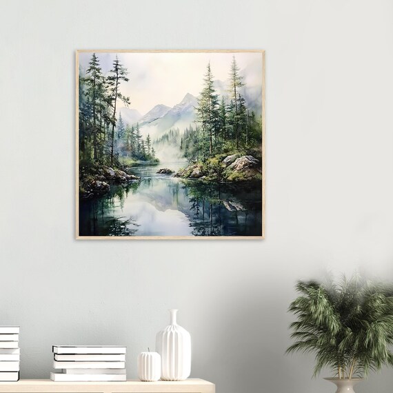 Mountain River Watercolor Painting Pine Forest Landscape Wall Art Print Tranquil Nature Scene Misty Mountains Art Print By