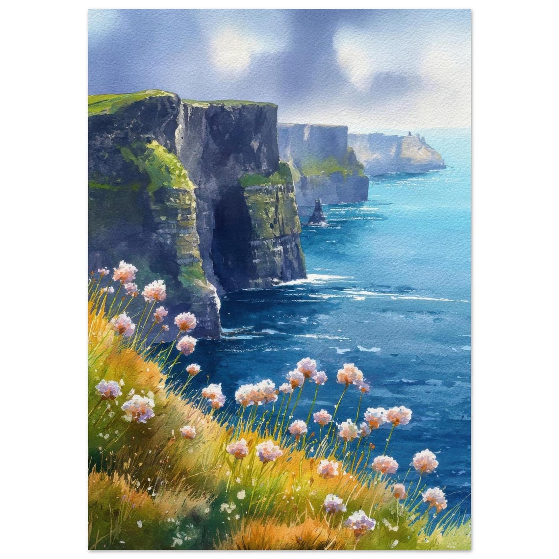 Cliffs Of Moher Ireland Watercolor Dramatic Seaside Coastal Poster