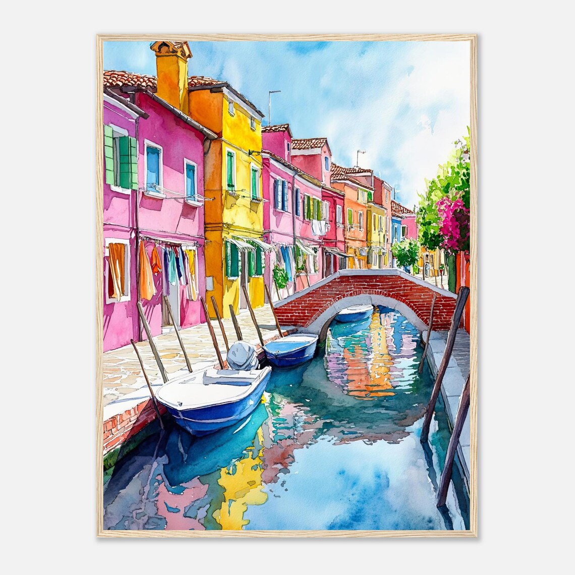 Burano Venice Canal Watercolor Art Print, Italy