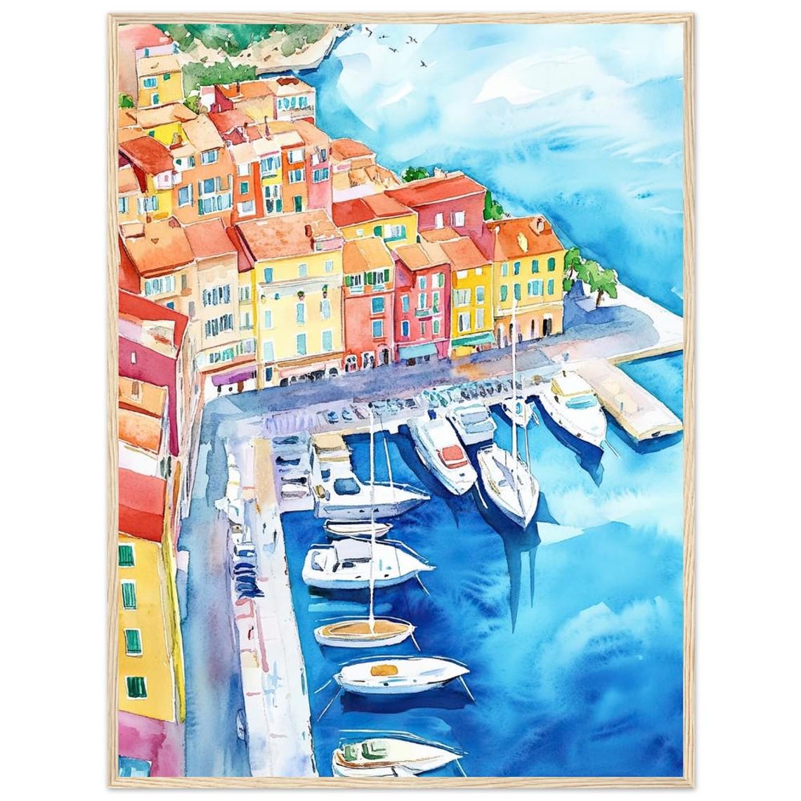 Villefranchesurmer Harbor Watercolor Print France Wall Art Coastal Cityscape Painting French Riviera Travel Poster By Nataliaayuart