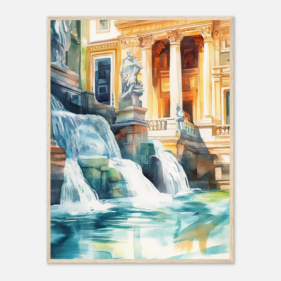 Trevi Fountain Watercolor Painting Rome Italy Wall Art Print Classic Roman Architecture Cascading Water Statues Artwork Italian Travel Art