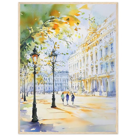 Vienna Street Scene Watercolor Painting, Travel Poster