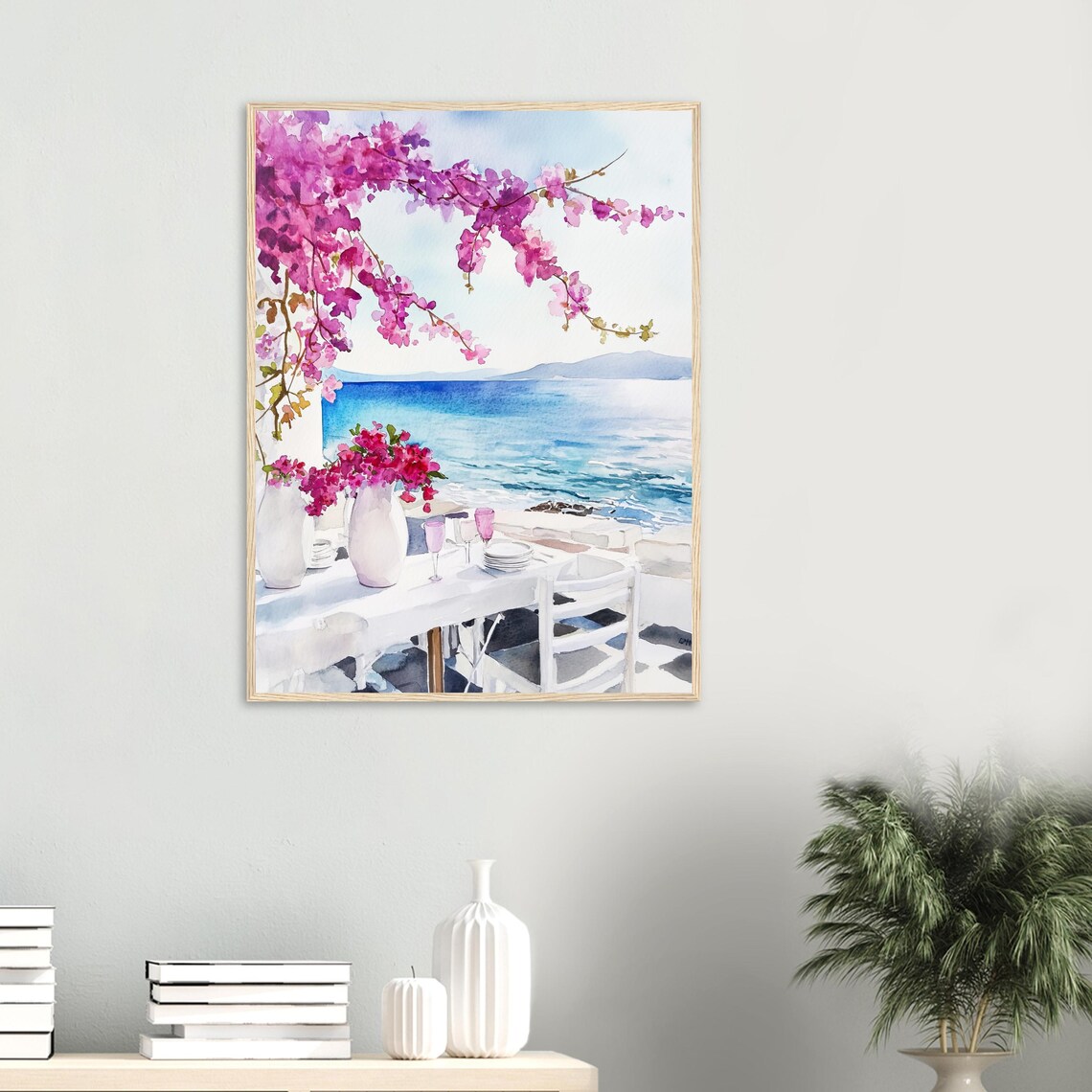 Greek Island Seaside Terrace With Bougainvillea Watercolor Poster - Image 2