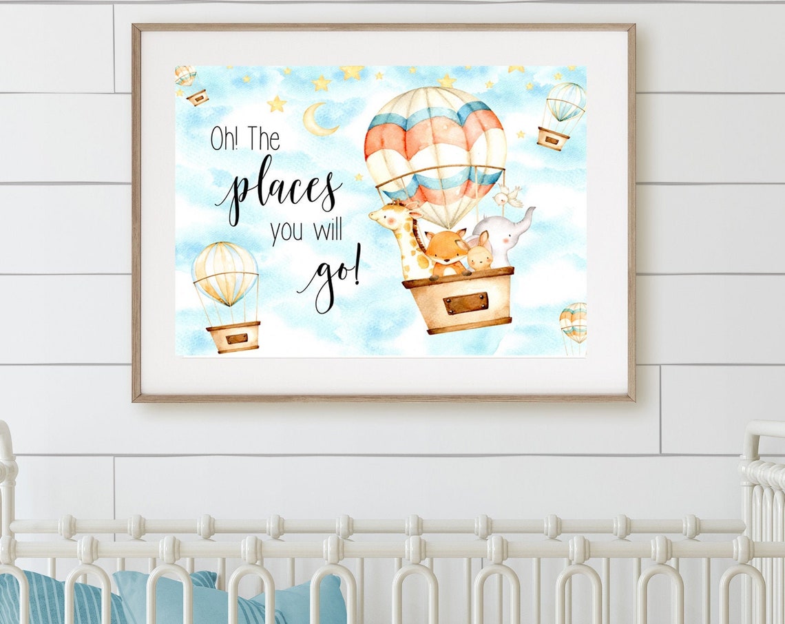 Oh The Places You Will Go Hot Air Balloon Nursery Poster Watercolor