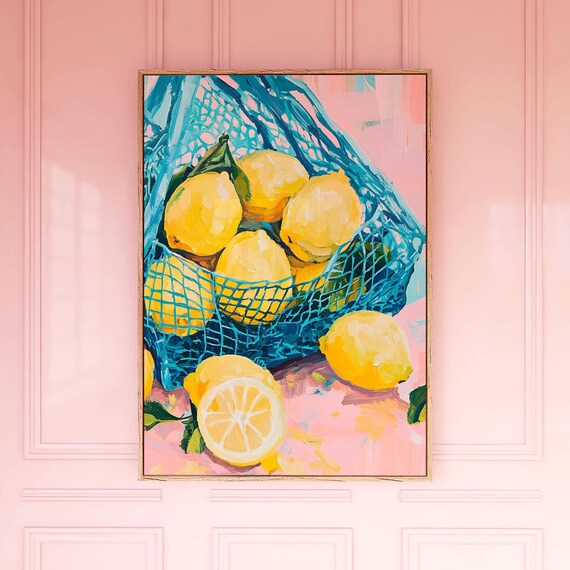 Yellow Lemons In Blue Net Bag Citrus Still Life Kitchen Poster