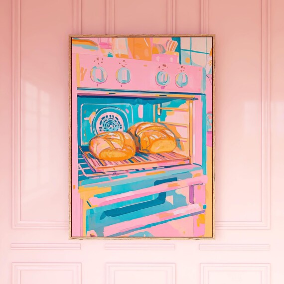Fresh Bread Loaves Baking In Pink Oven Colorful Kitchen Poster