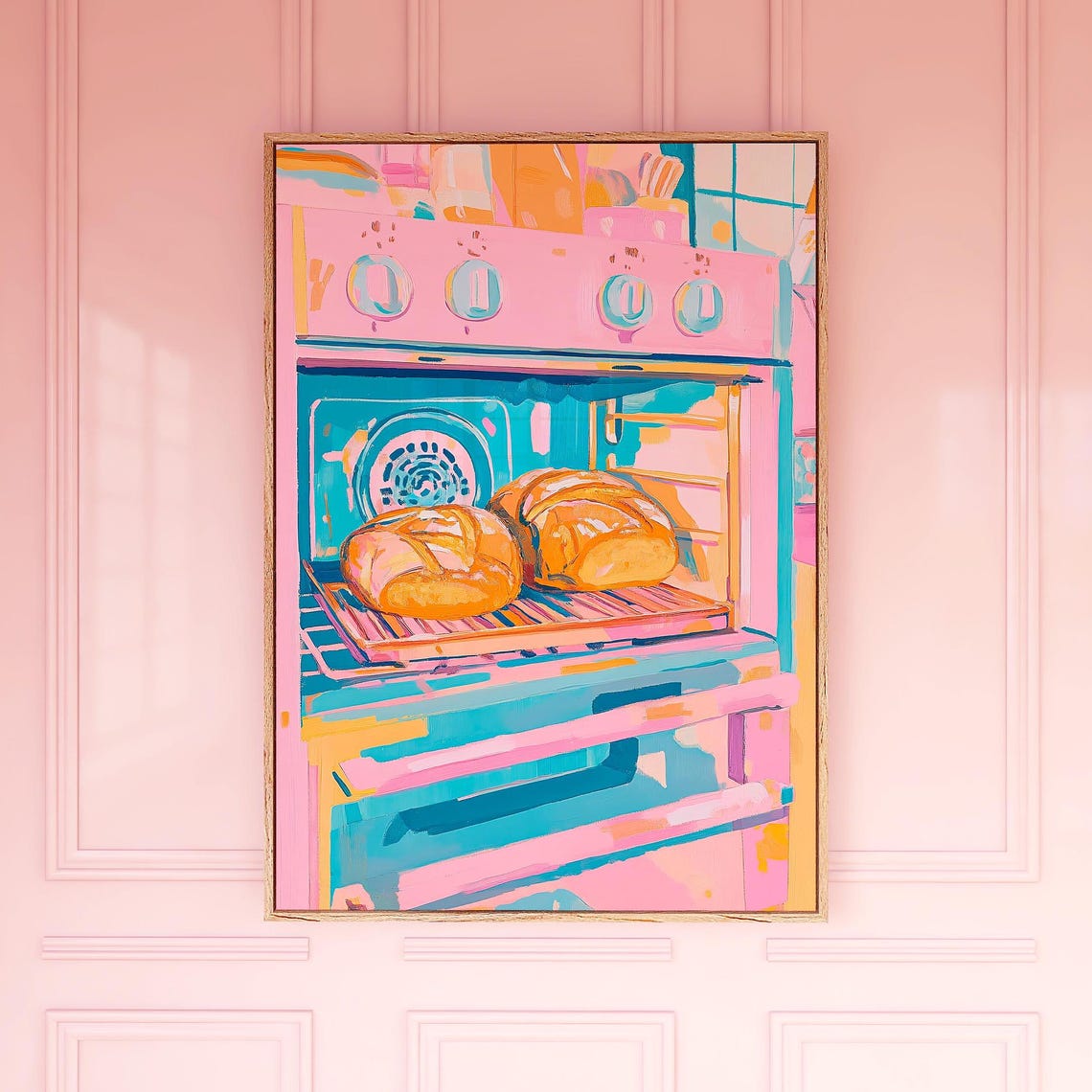 Fresh Bread Loaves Baking In Pink Oven Colorful Kitchen Poster
