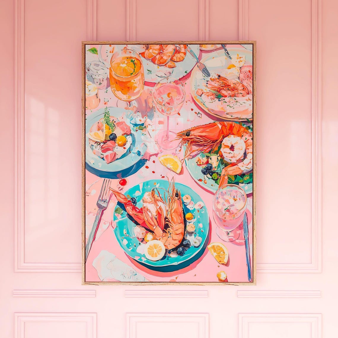 Pink Seafood Feast Prawns Cocktails Painterly Table Art Poster