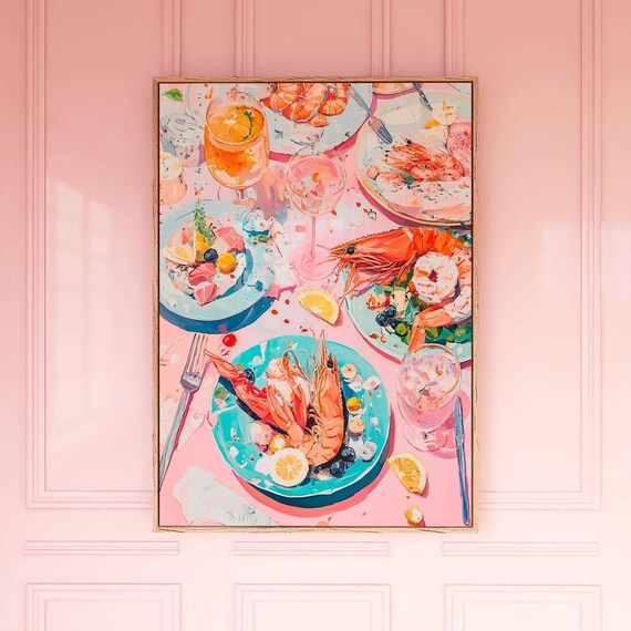 Pink Seafood Feast Prawns Cocktails Painterly Table Art Poster