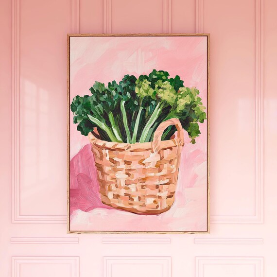 Celery Bunches Basket Painting Vibrant Green Still Life Pink Wall Poster