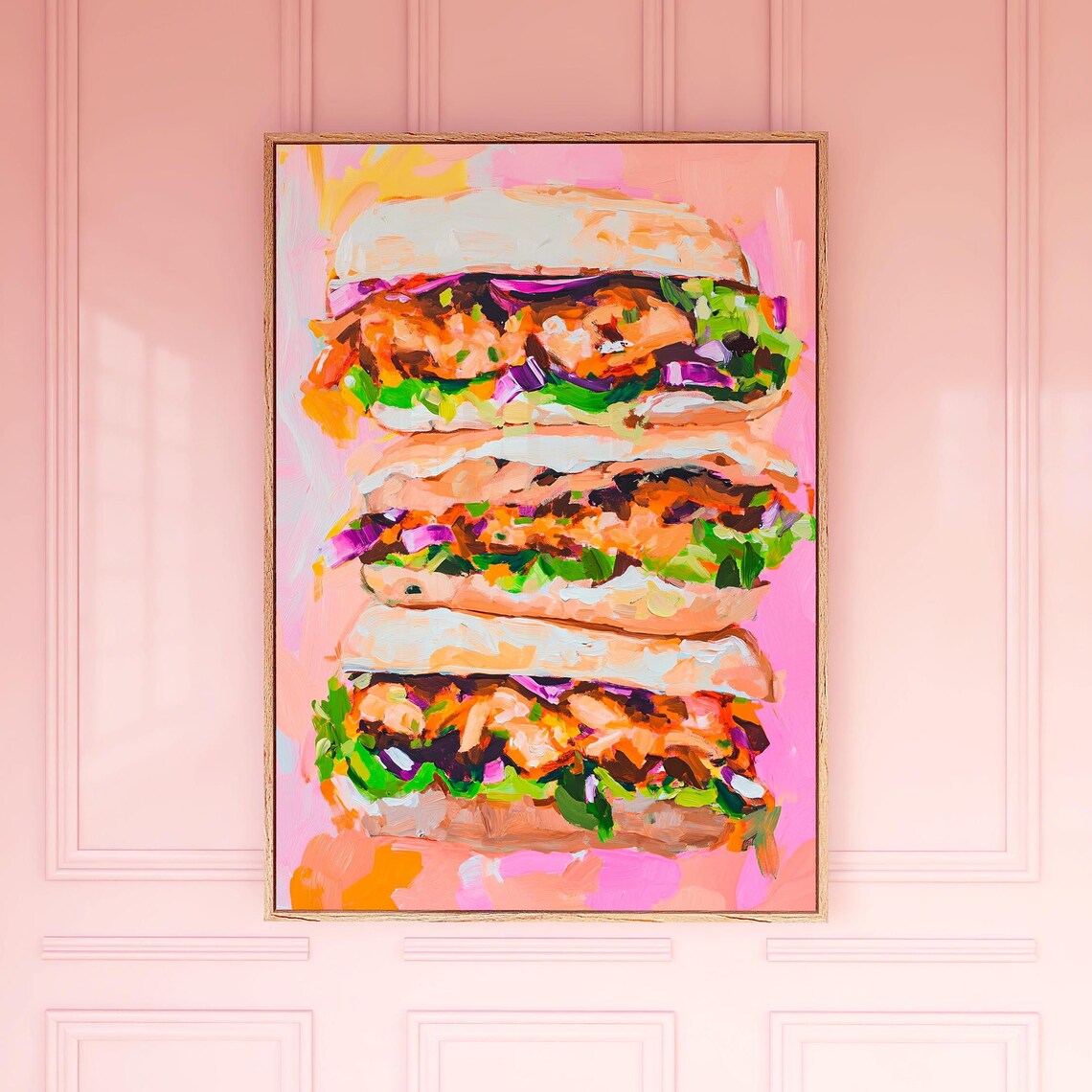 Colorful Stacked Sandwiches Bold Food Painting Pink Kitchen Poster