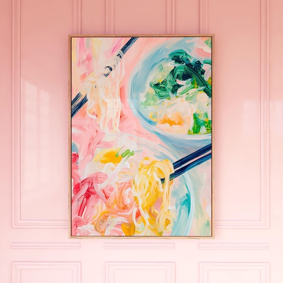 Ramen Noodle Bowls Painting Poster Chopsticks and Colorful Broth Art