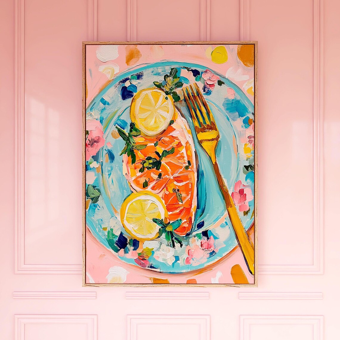 Salmon With Lemon Slices On Blue Plate Food Painting Art Poster
