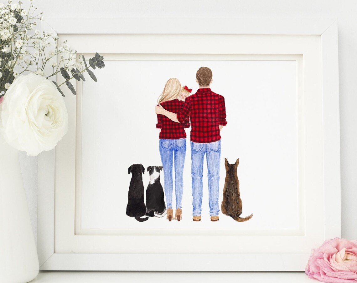 Plaid Shirts Family with Daughter Two Dogs and Cat Portrait Poster
