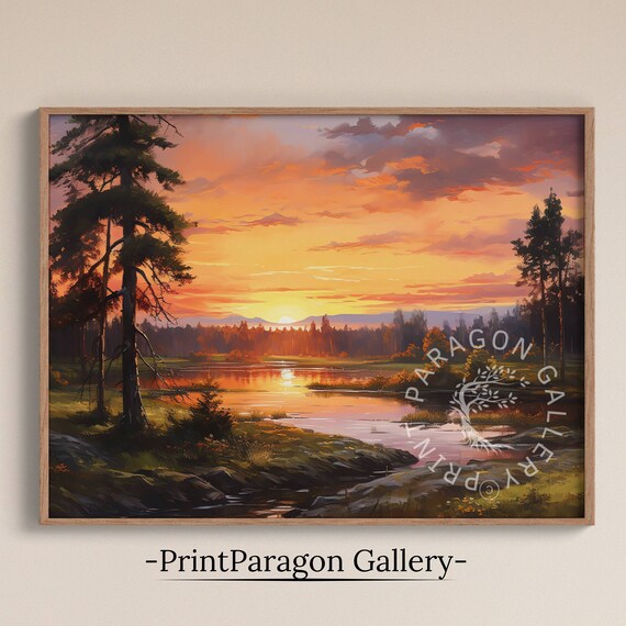 Sunset Over River Winding Through Pine Forest Oil Painting Rustic Wall Art