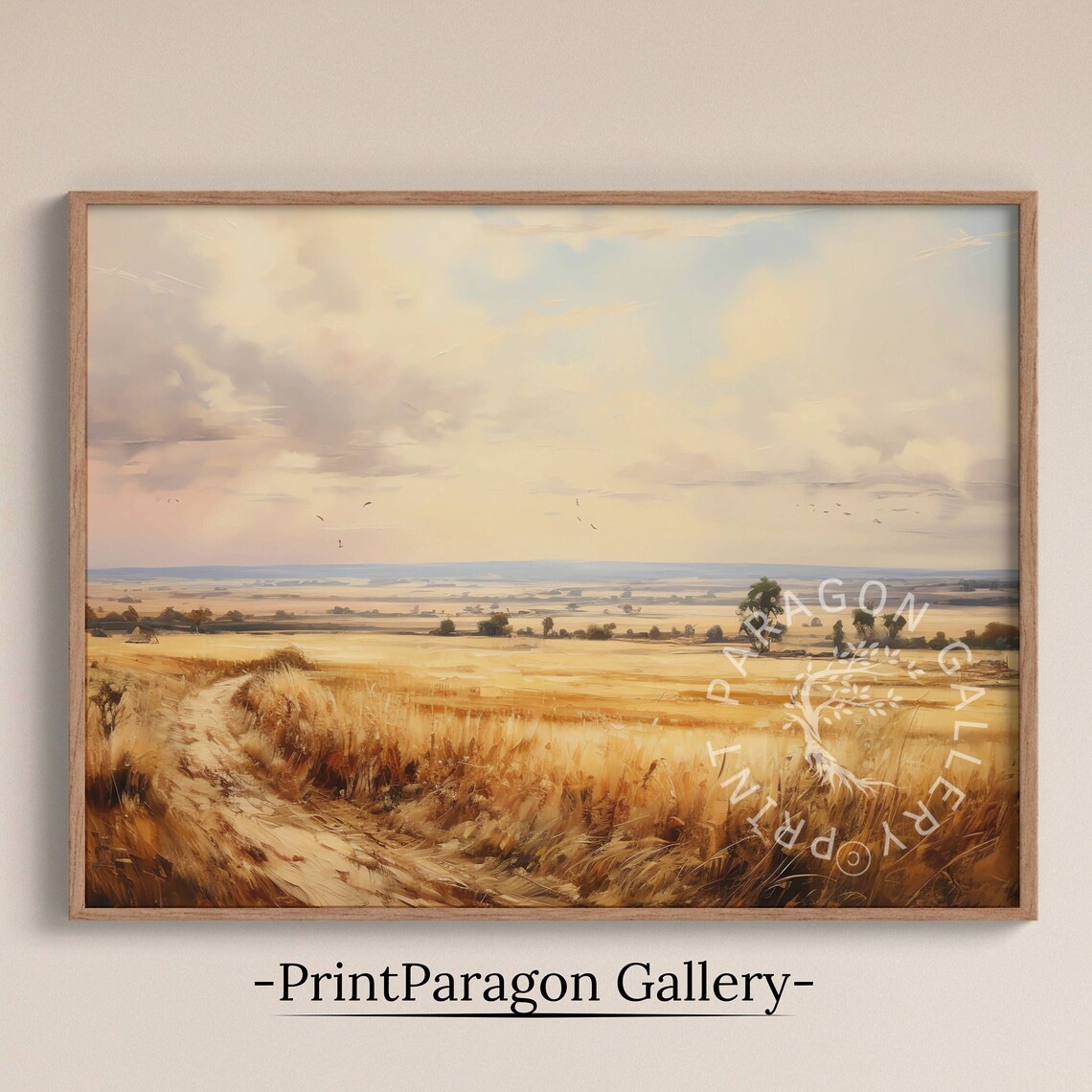 Golden Plain Dirt Path Winding Through Rural Field Vintage Landscape Wall Art