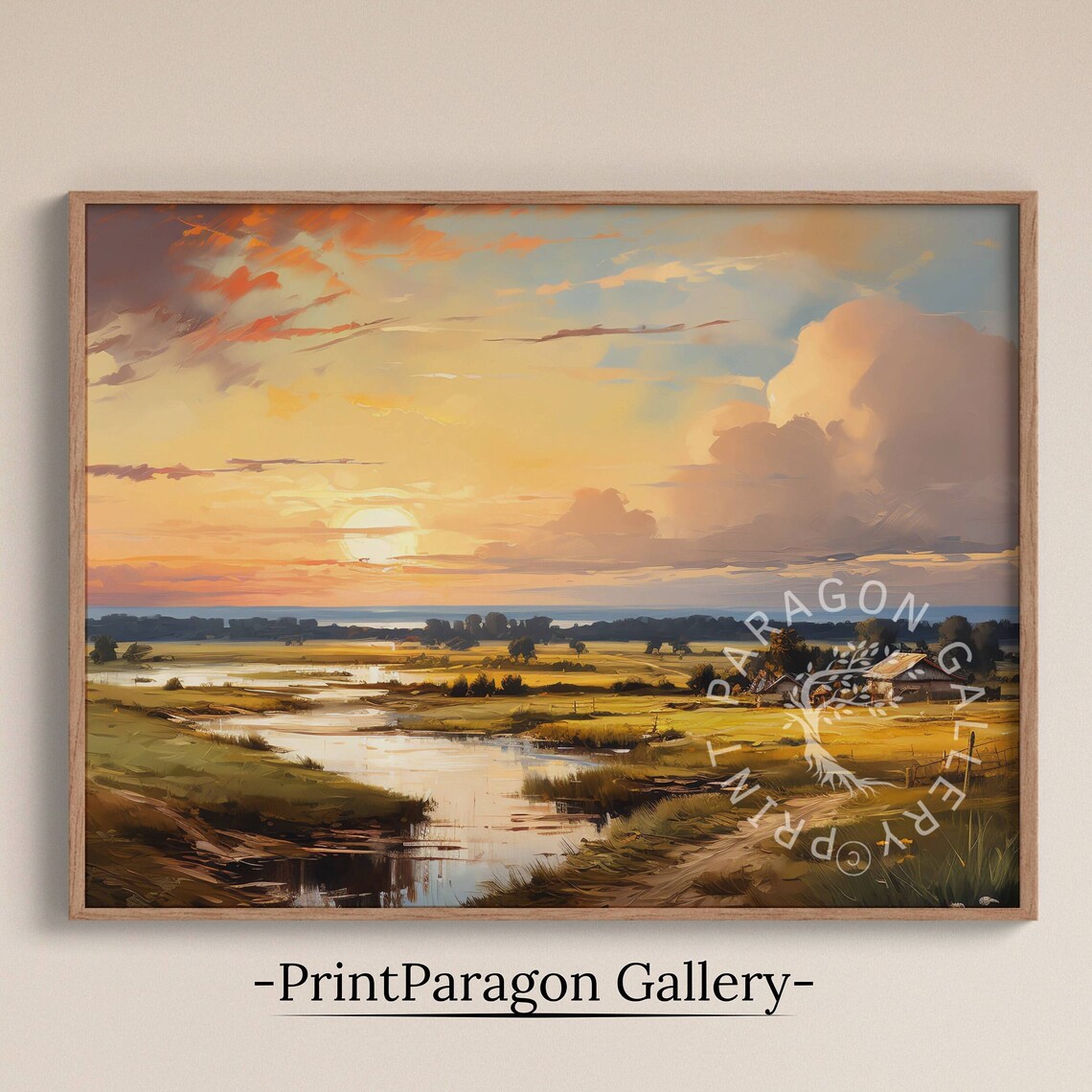 Sunset Over Marsh River Valley With Cottage Oil Painting Countryside Wall Art