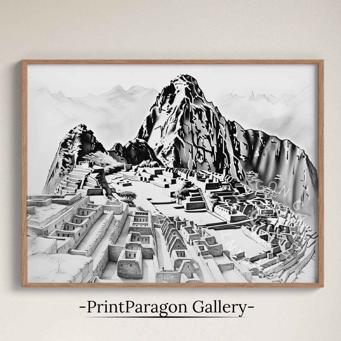 Machu Picchu Peru Ink Sketch Ancient Inca Ruins Mountain Peak Poster