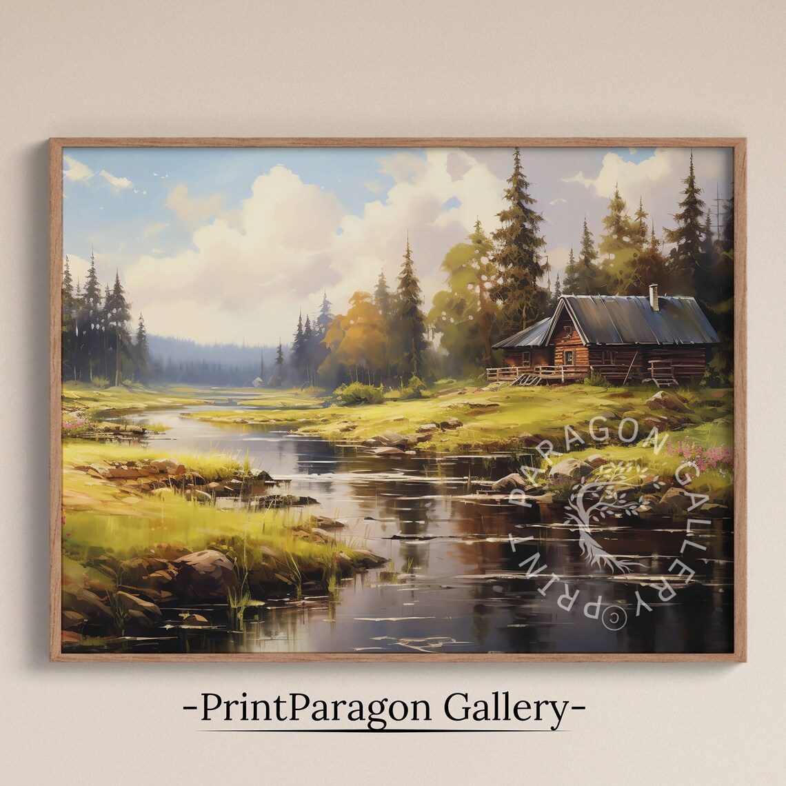 Summer Log Cabin By River Among Pines Green Meadow Oil Painting Rustic Wall Art