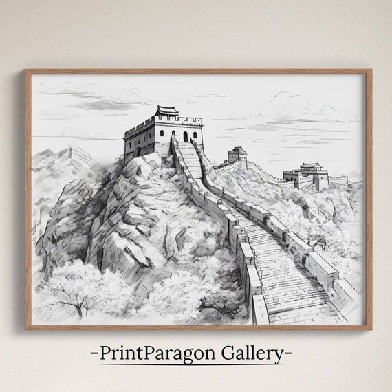 Great Wall Of China Bw Sketch Print Ancient China Architecture Wall Art Rural Landscape Home Decor Architectural Graphite Drawing