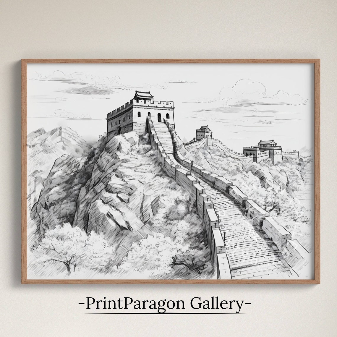 Great Wall Of China Ink Sketch Mountain Watchtower Ridge Line Poster