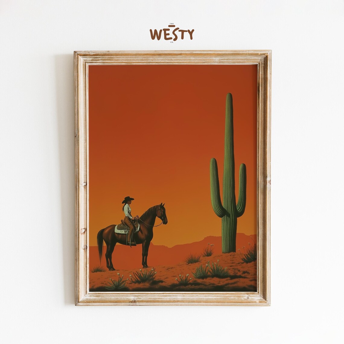 Cowgirl on Horse Saguaro Cactus Sunset Desert Western Art Poster