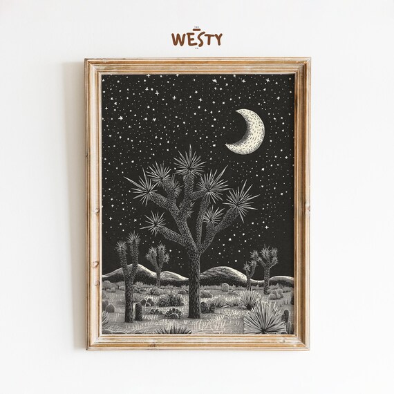 Joshua Tree Desert Night Sky Black and White Minimalist Poster