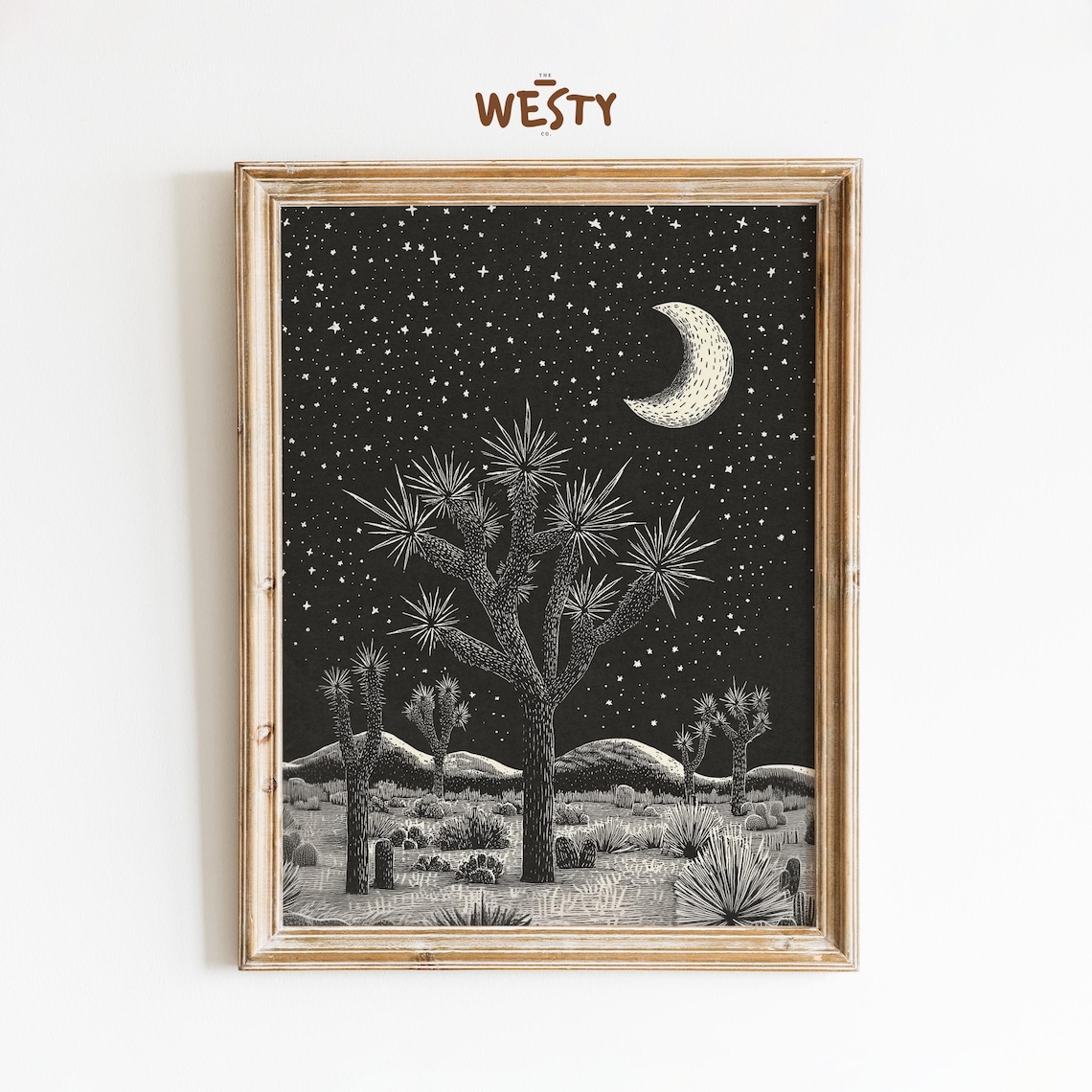 Joshua Tree Desert Night Sky Black and White Minimalist Poster