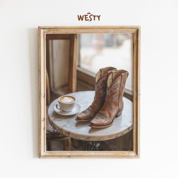 Morning Brew And Boots Western Print Cozy Cowboy Coffee Art Rustic Country Decor