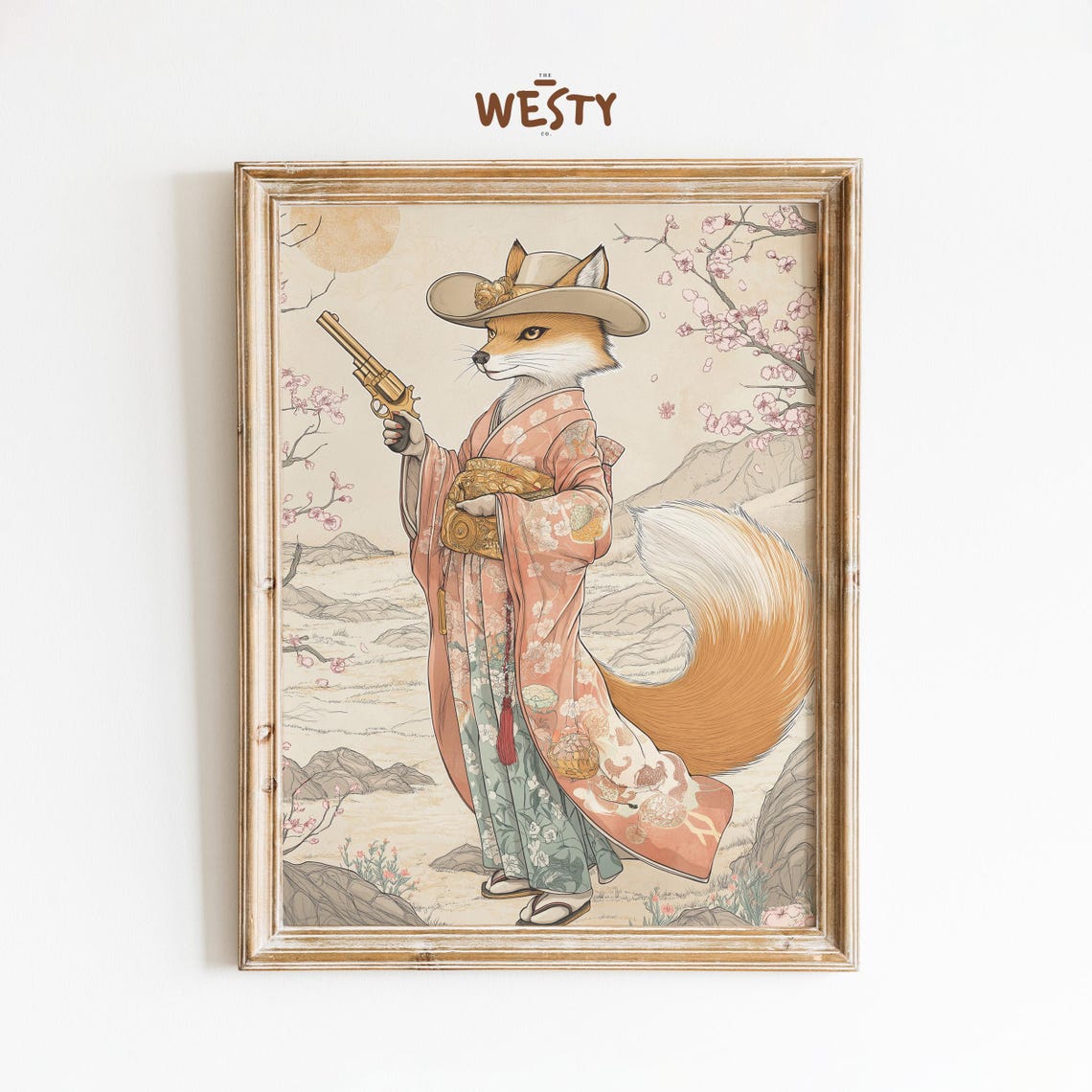 Samurai Cowboy Fox In Kimono With Revolver Cherry Blossom Art Poster