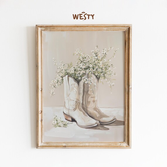 White Cowboy Boots Wildflowers Neutral Western Floral Painting Poster
