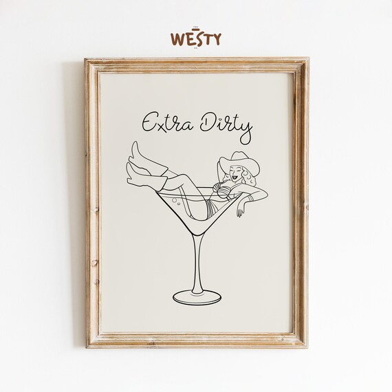 Extra Dirty Martini Cowgirl Funny Cocktail Bar Line Art Poster
