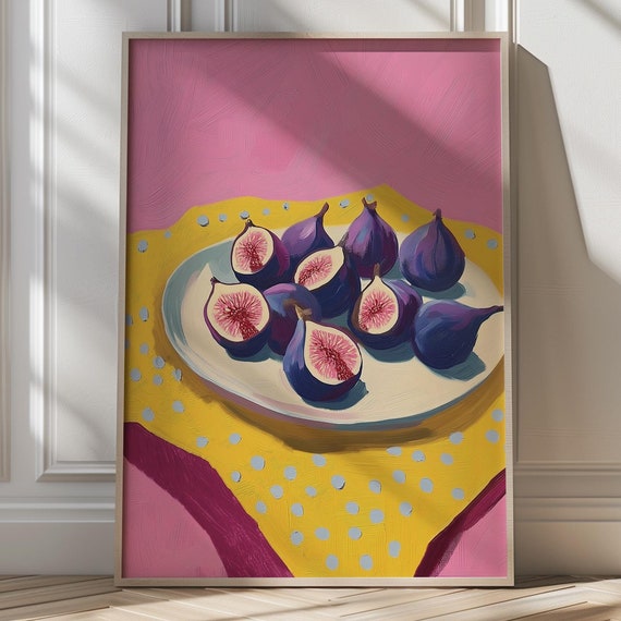 Colorful Fig Still Life Art Vibrant Fruit Painting Bold Kitchen Wall Decor Unique Modern Food Art Dopamine Decor Vibrant Kitchen Print