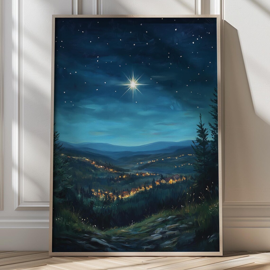 Christmas Star Over Winter Village Art Print Whimsical Holiday Decor Cozy Xmas Art Winter Night Scene Christmas Charm Winter Wonderland Art