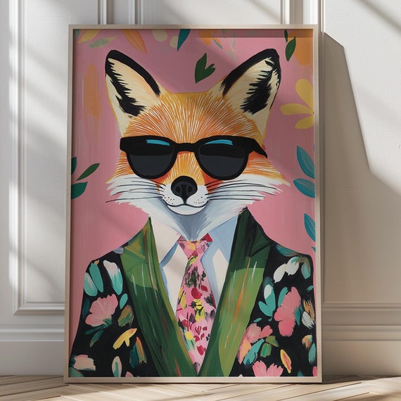 Dapper Fox Retro Animal Art Print, Quirky Kitsch
