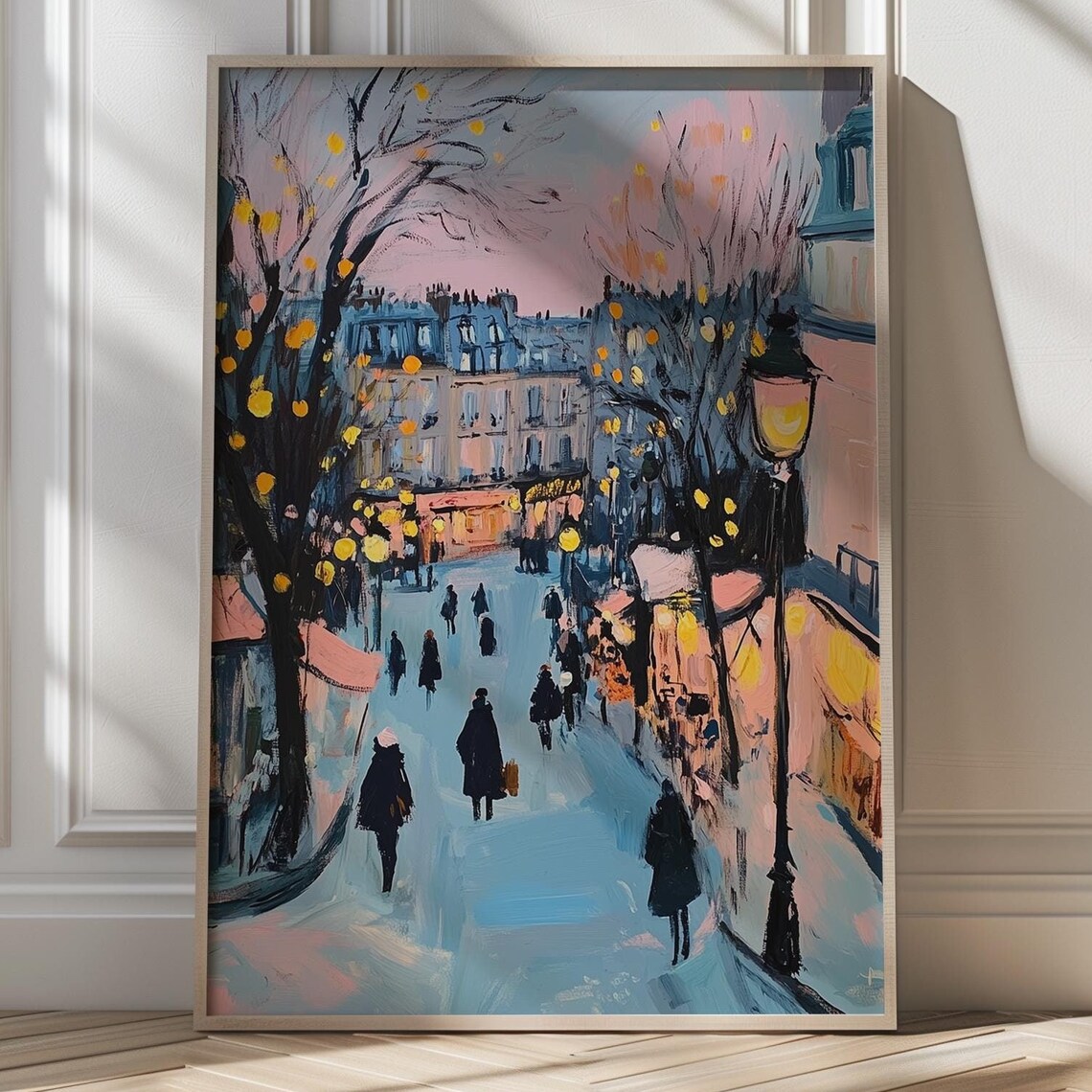 Parisian Winter Evening Street Snowy Romantic Cityscape Poster