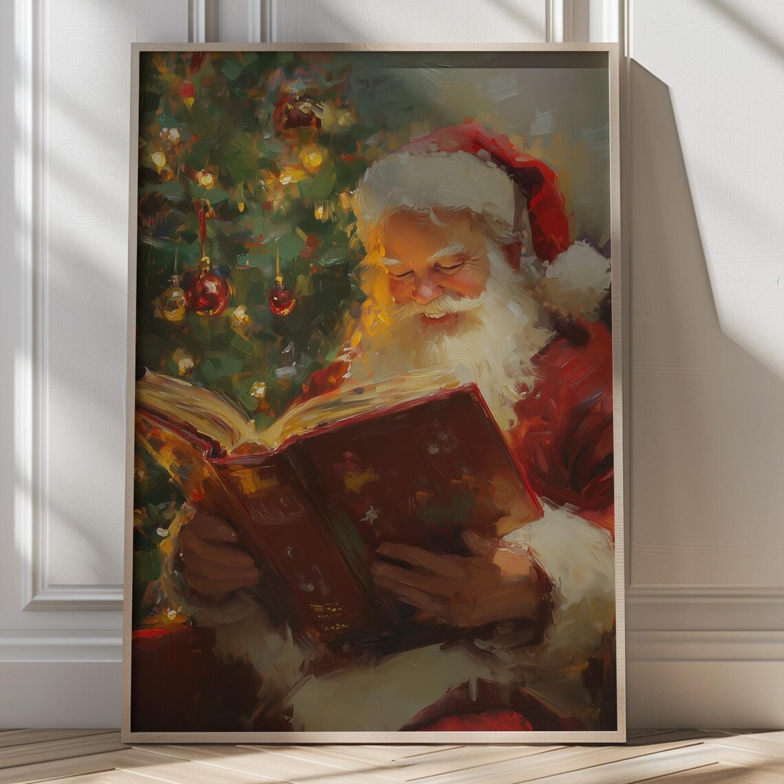 Santa Claus Reading Glowing Storybook By Christmas Tree Poster
