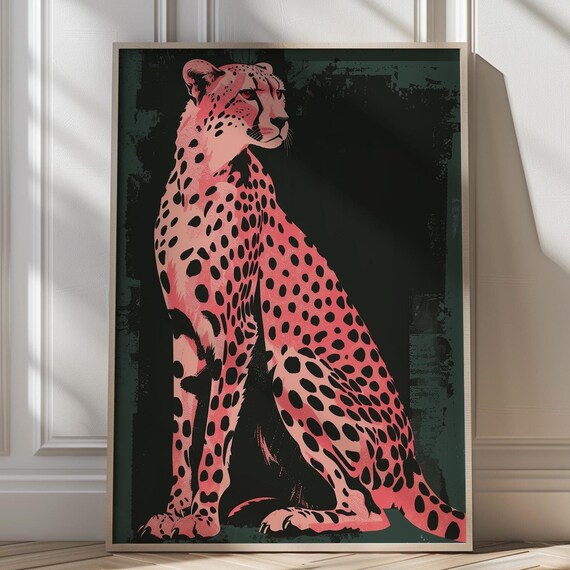Pink Pop Art Cheetah on Dark Green Background Bold Animal Poster