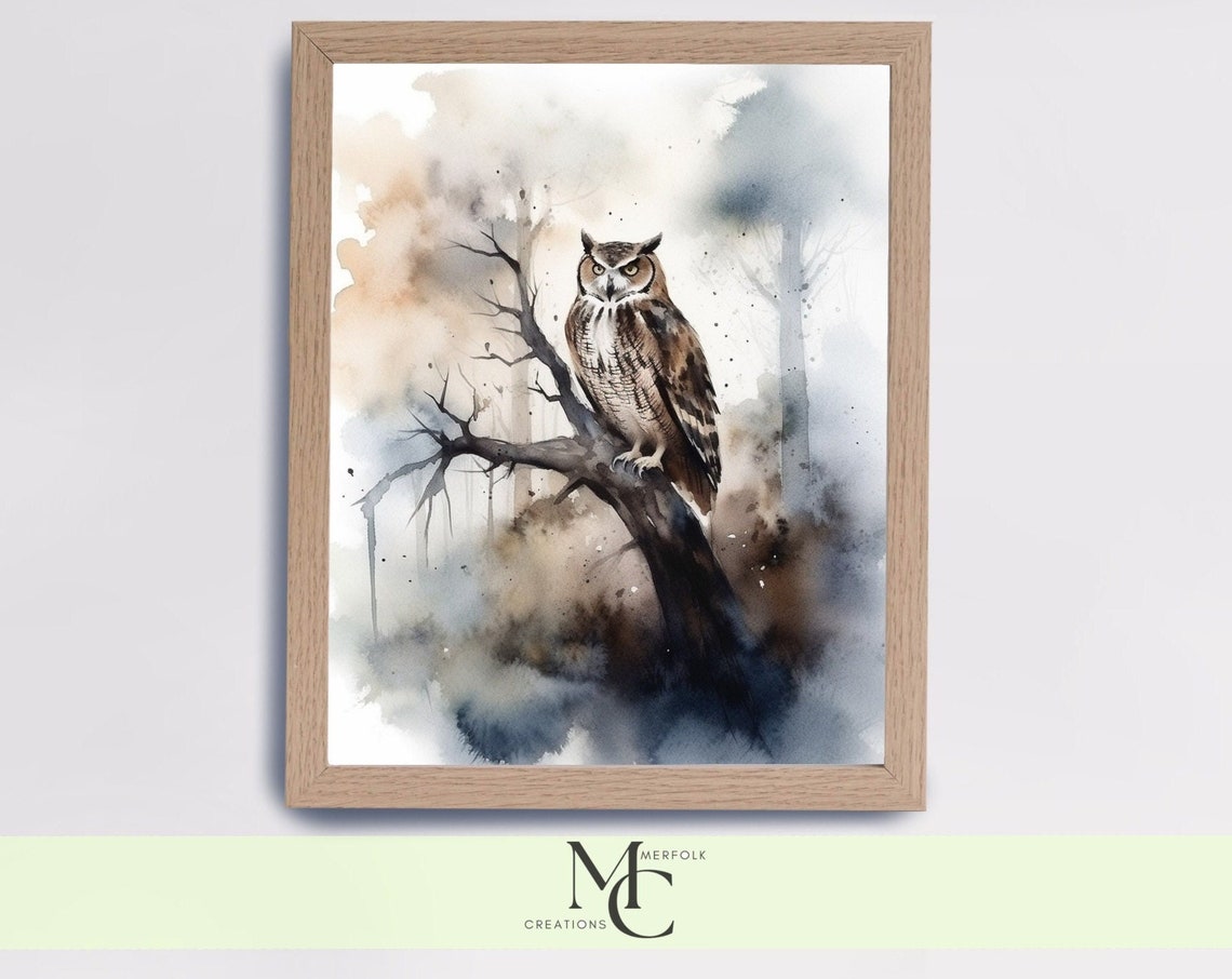 Great Horned Owl on a Branch Misty Watercolor Wildlife Poster