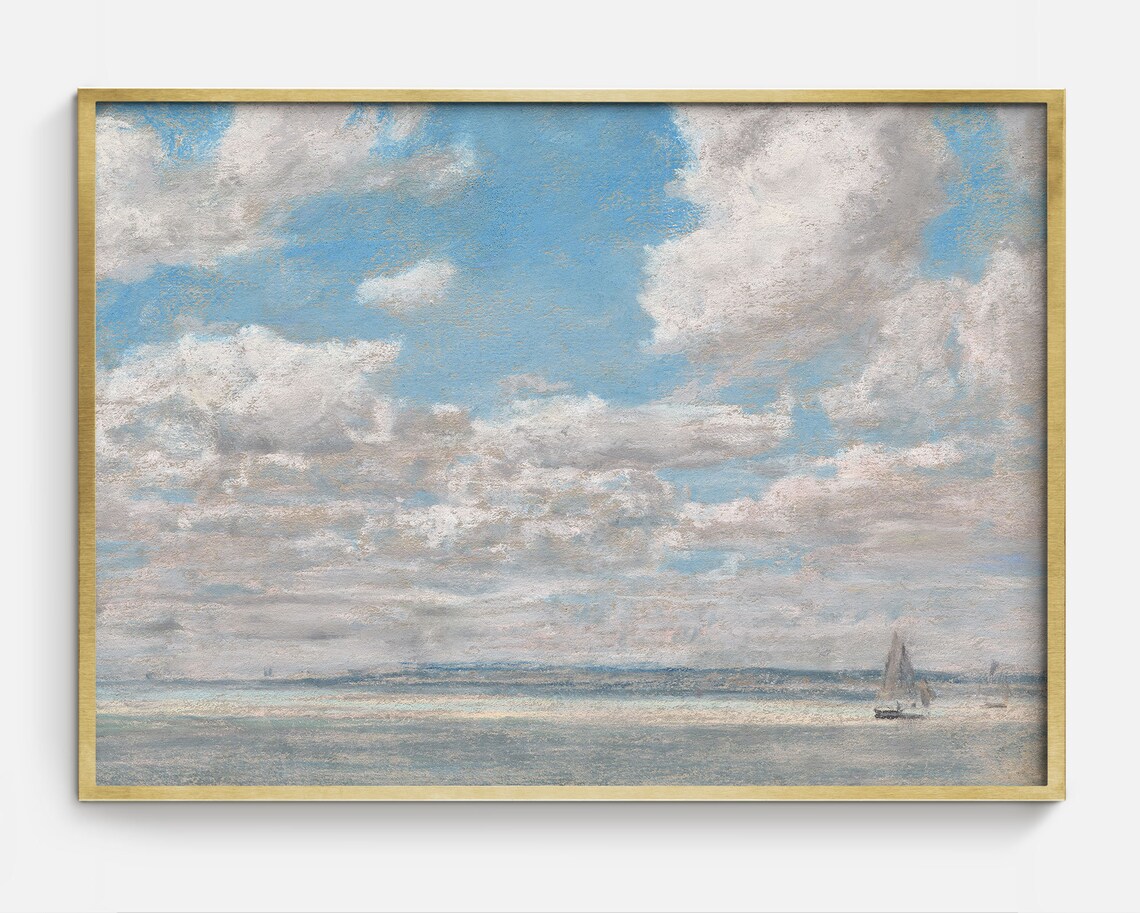 Billowing Clouds Sailboat Seascape Vintage Oil Painting Art Print