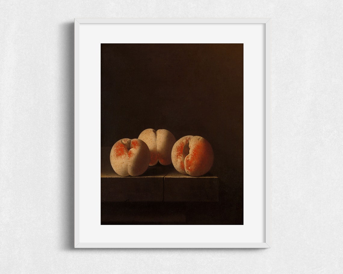 Three Peaches Still Life Moody Antique Fruit Oil Painting Art Print - Image 2