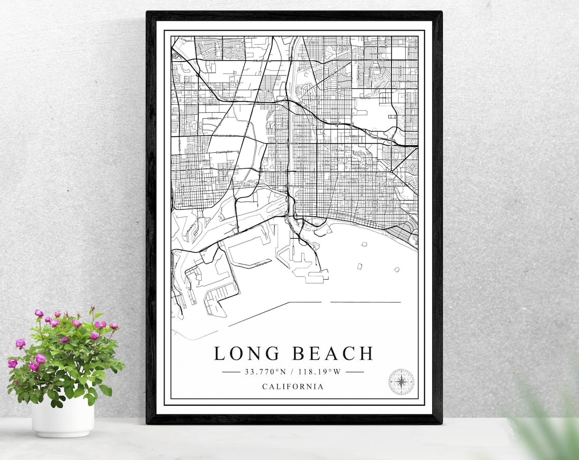 Long Beach City Map Black and White Travel Poster
