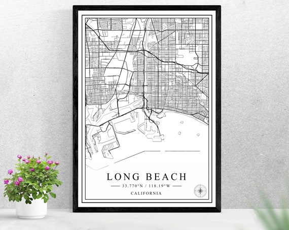 Long Beach City Map Black and White Travel Poster