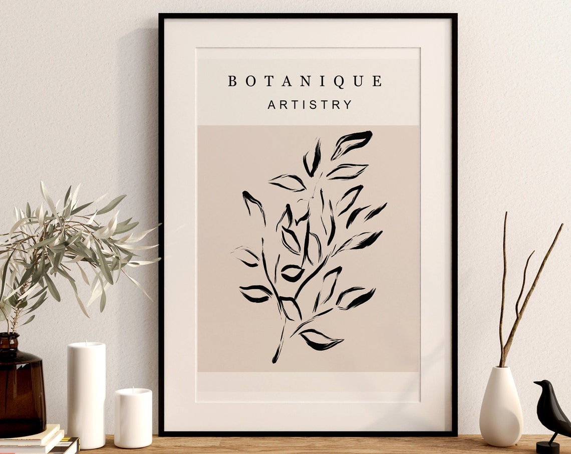 Botanique Artistry Black Ink Leaf Branch Beige Minimalist Wall Poster - Image 2