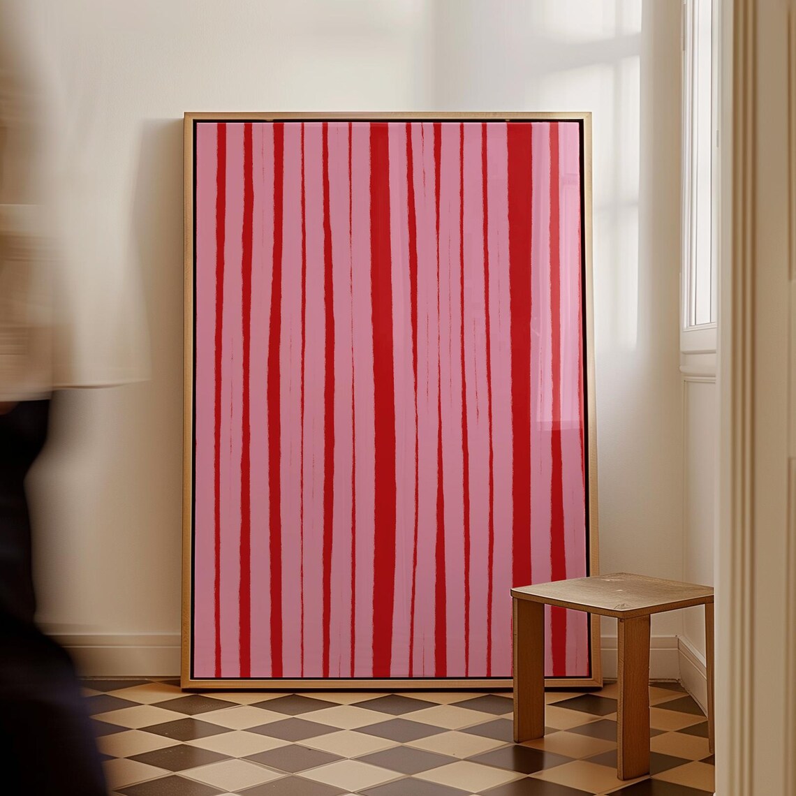 Pink Red Abstract Handdrawn Line Print Boho Scandinavian Vertical Stripes Poster Organic