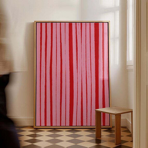 Pink Red Abstract Handdrawn Line Print Boho Scandinavian Vertical Stripes Poster Organic