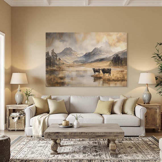Moody Mountain Landscape With Cows Framed Canvas Print Autumn Scene Rustic Wall Art Country Cabin Decor Ready To Hang Gift