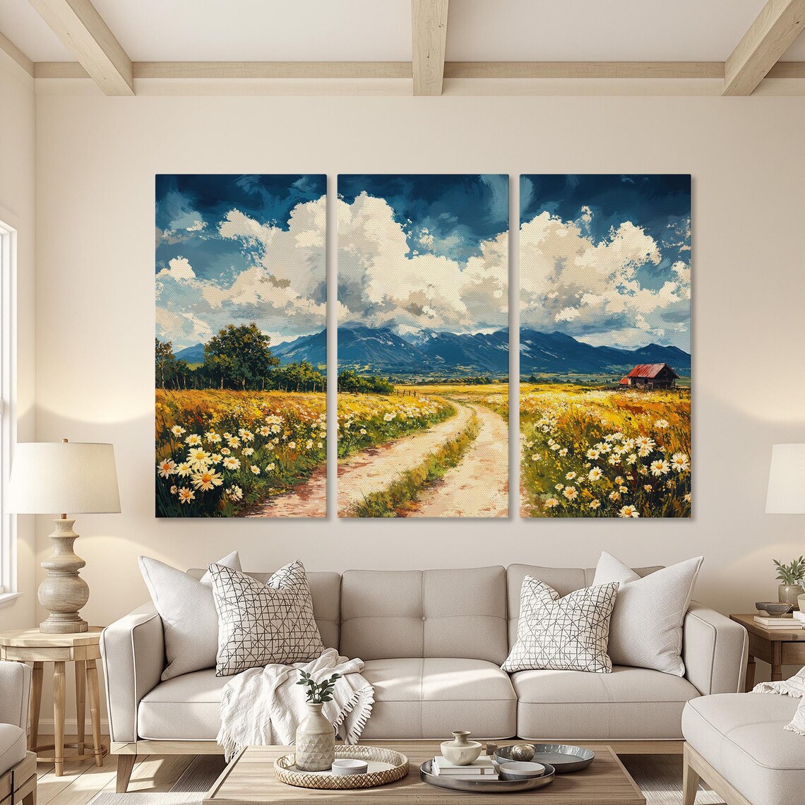 Vibrant Country Road Flower Meadow Mountain Landscape Art Poster - Image 4